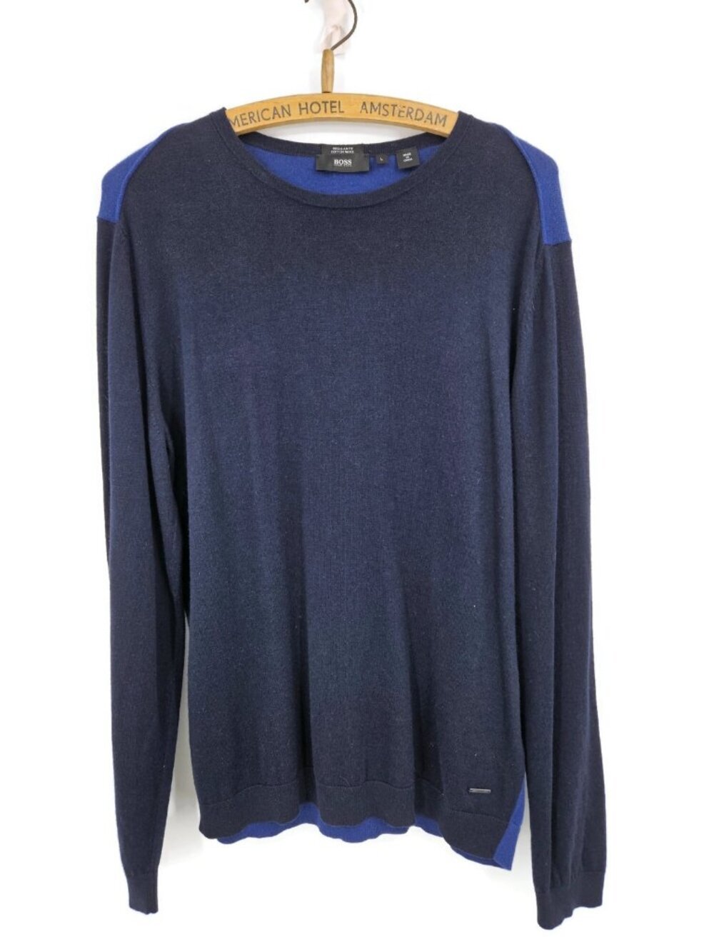 Boss Hugo Boss Crewneck Wool Cotton Sweater Mens L Blue Long Sleeve